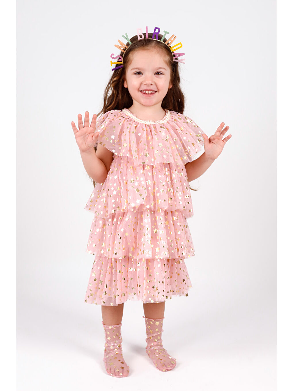 Pembe Pudra Yıldız Baskılı Katlı Tül Kız Çocuk Elbise - Estela