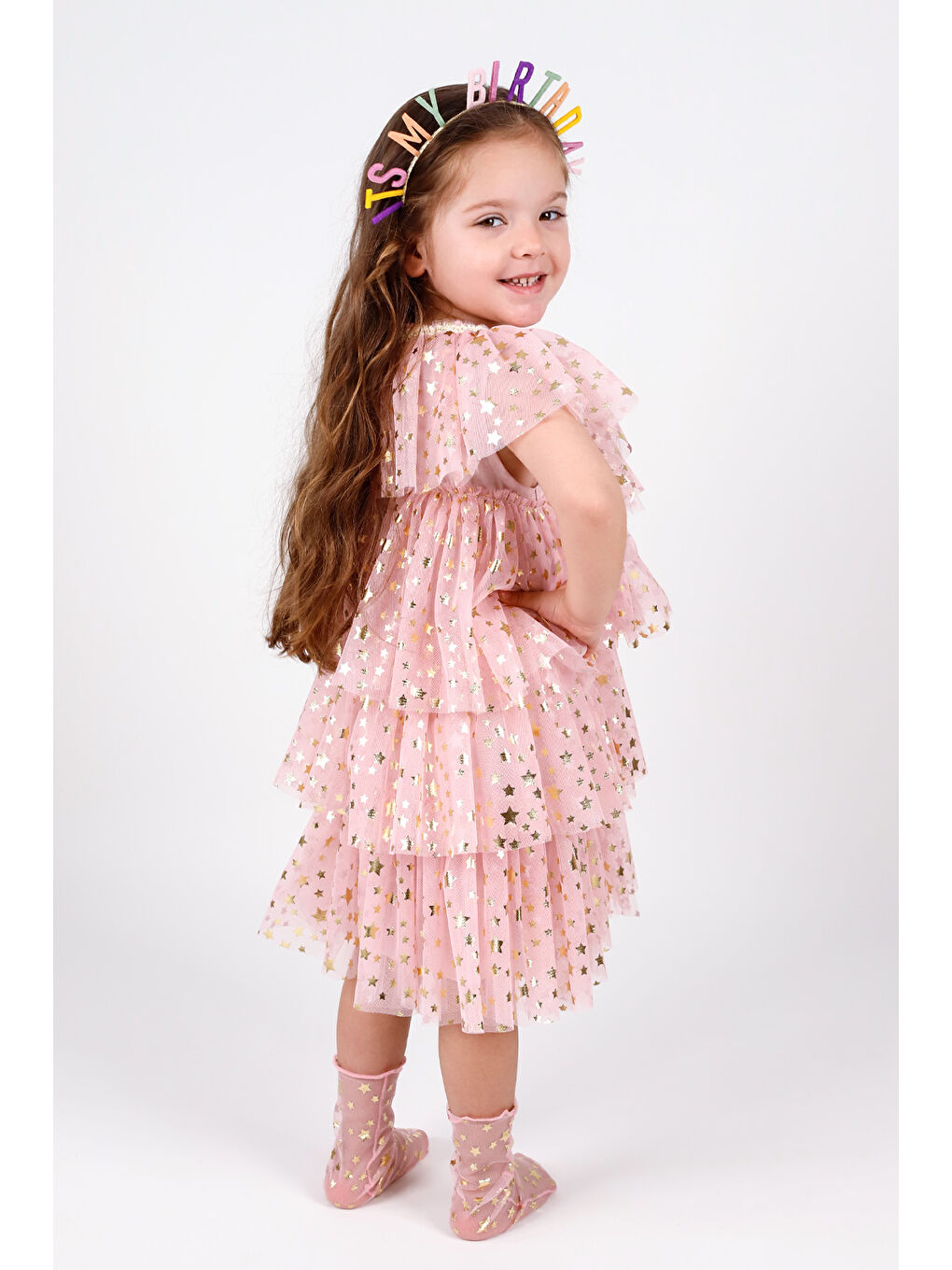 Pembe Pudra Yıldız Baskılı Katlı Tül Kız Çocuk Elbise - Estela-1
