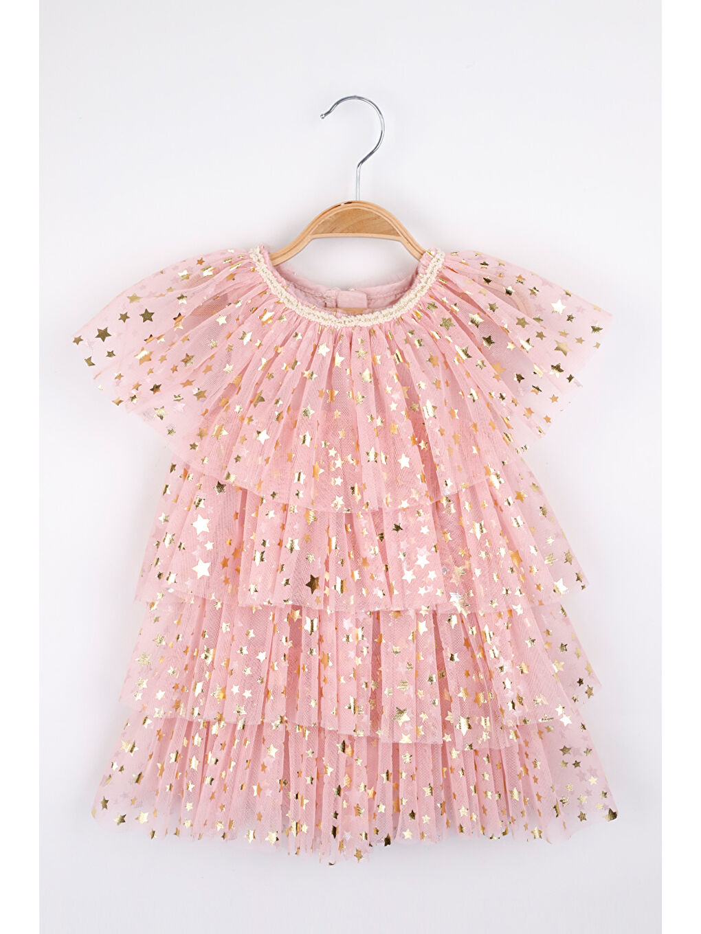 Pembe Pudra Yıldız Baskılı Katlı Tül Kız Çocuk Elbise - Estela-2