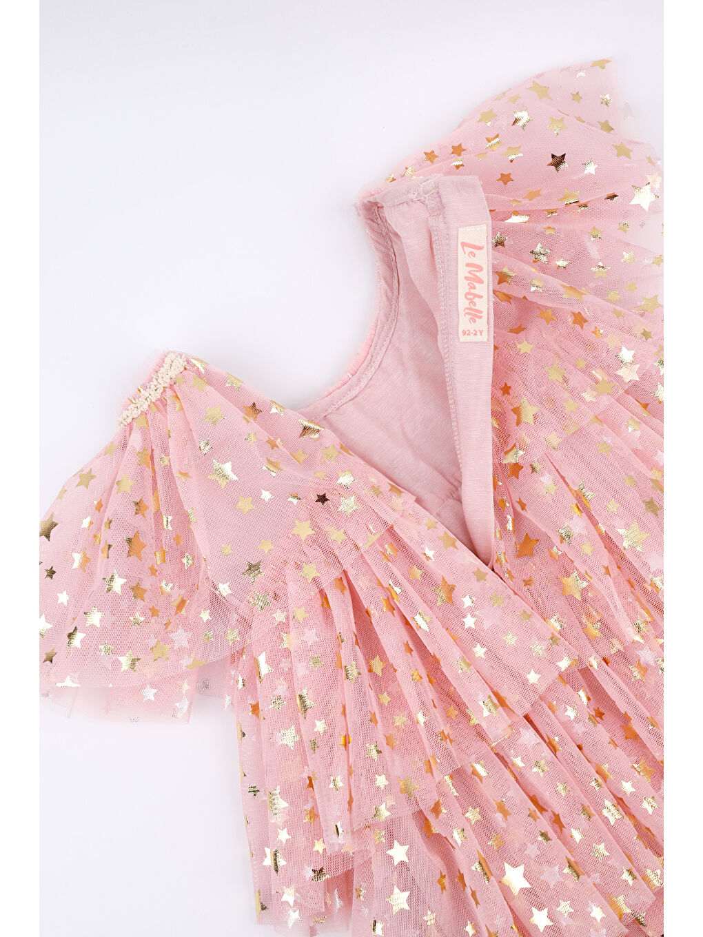 Pembe Pudra Yıldız Baskılı Katlı Tül Kız Çocuk Elbise - Estela-4