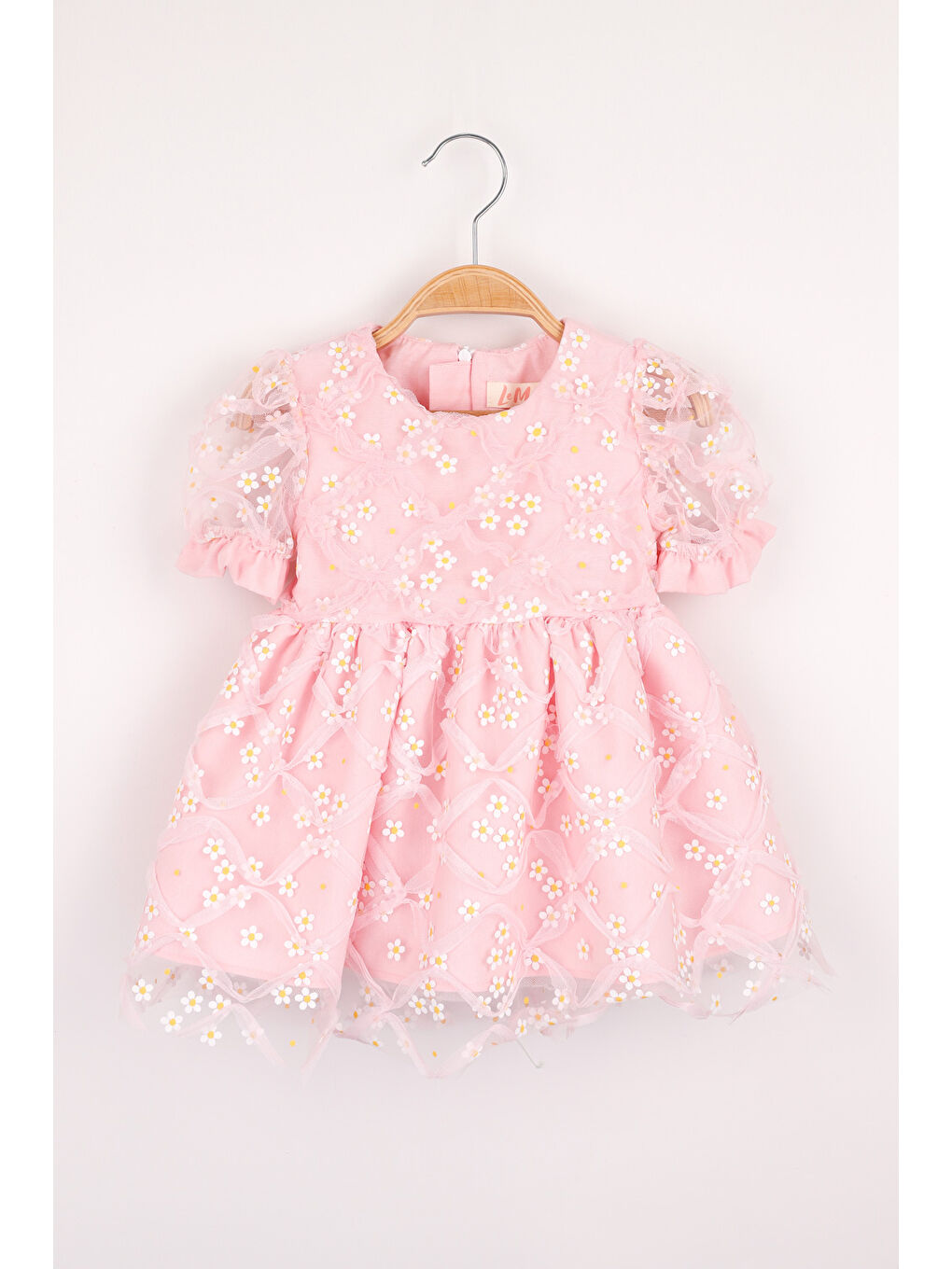 Pembe Kısa Kollu Papatya Tüllü Kız Çocuk Elbise - Hillary-1