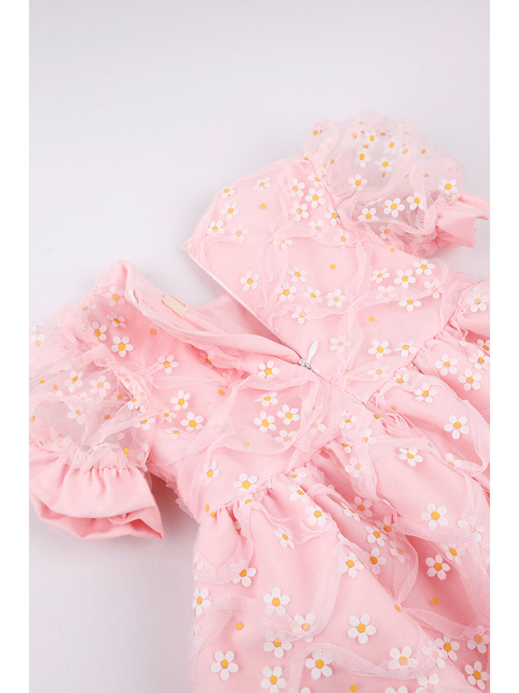 Pembe Kısa Kollu Papatya Tüllü Kız Çocuk Elbise - Hillary-3