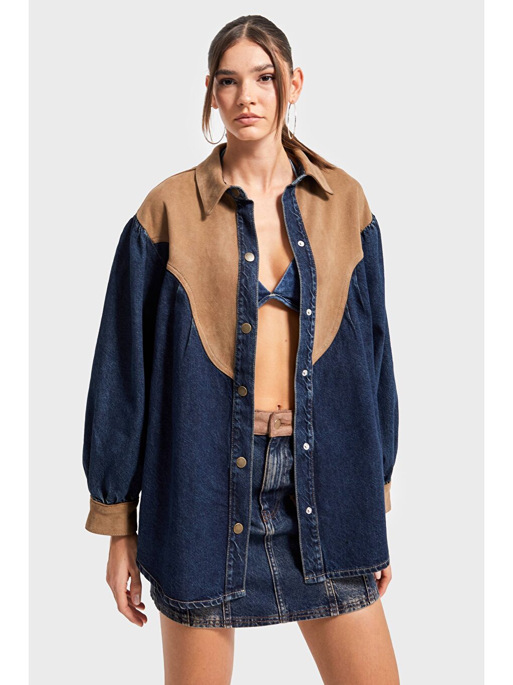 Mavi Kadın Jean Rengi 1w5-8 Oversize Süet Denim Karışımlı Özel Tasarım Gömlek