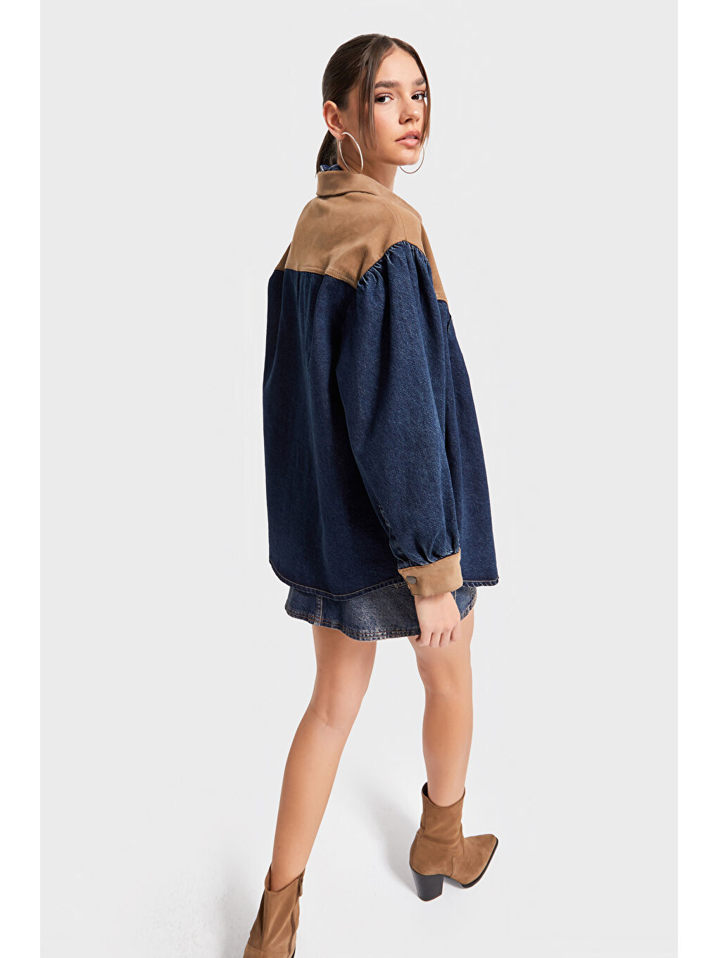 Mavi Kadın Jean Rengi 1w5-8 Oversize Süet Denim Karışımlı Özel Tasarım Gömlek-3