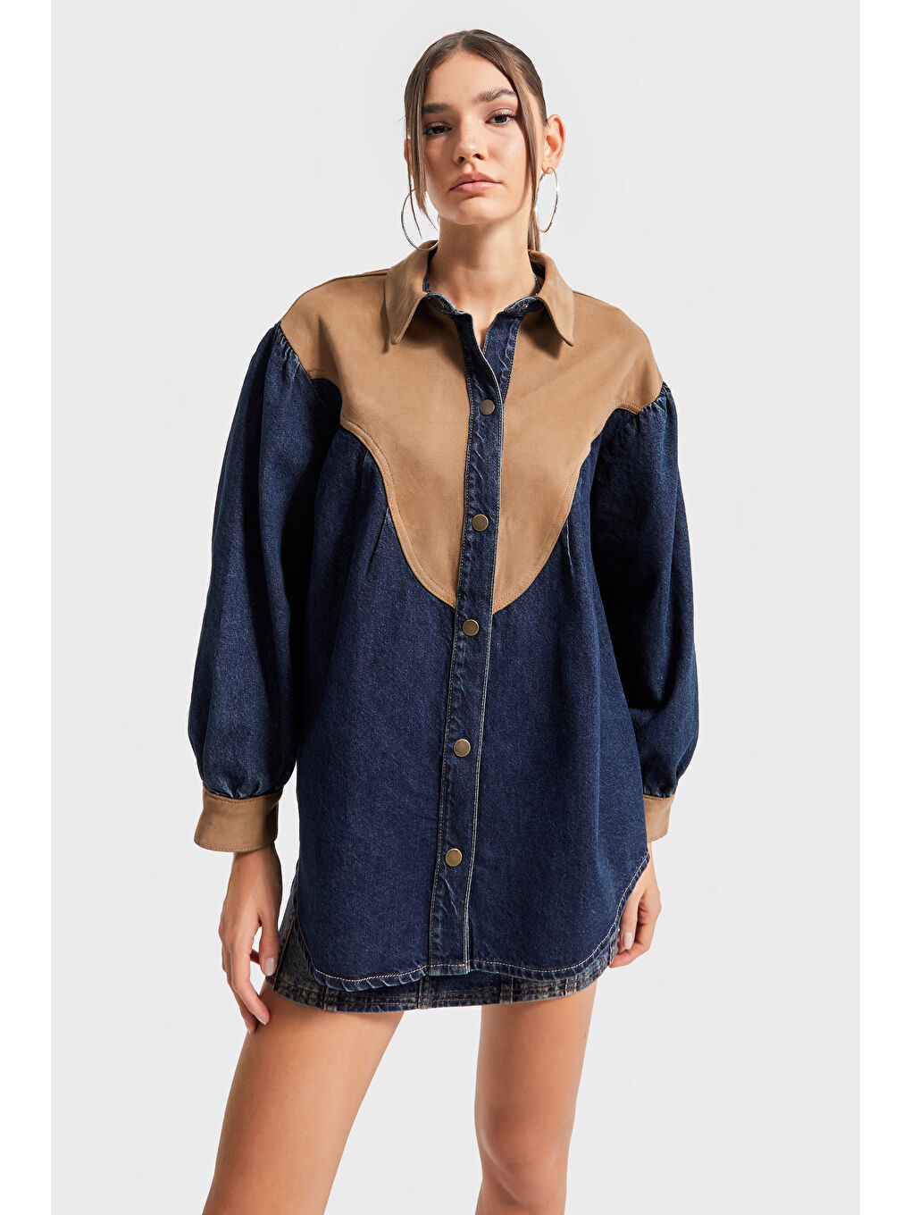 Mavi Kadın Jean Rengi 1w5-8 Oversize Süet Denim Karışımlı Özel Tasarım Gömlek-4