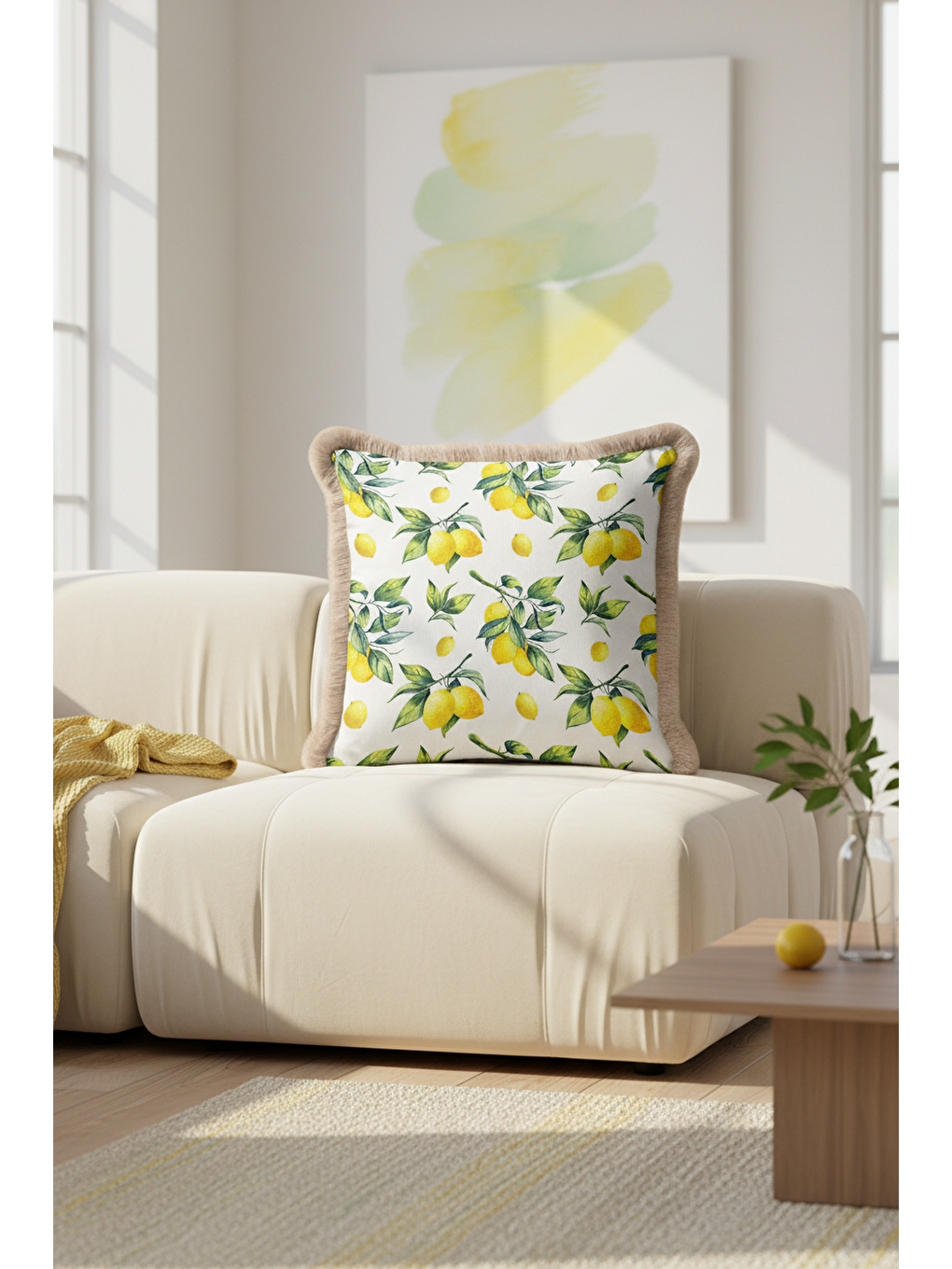 Karışık Limon Bahçesi Saçaklı Yastık Kılıfı - Akdeniz Vintage Rustik Yeşil Sarı Püsküllü Kırlent Kılıfı-2