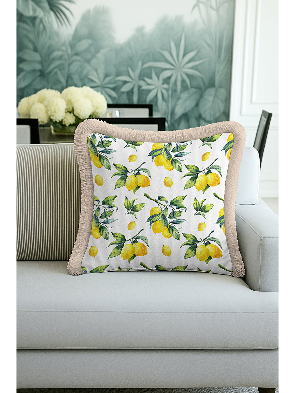 Karışık Limon Bahçesi Saçaklı Yastık Kılıfı - Akdeniz Vintage Rustik Yeşil Sarı Püsküllü Kırlent Kılıfı-4