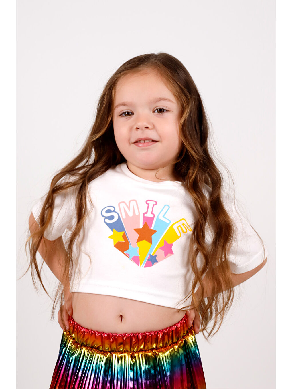 Beyaz Smile Yıldız Baskılı Kız Çocuk Crop Tişört - Becky-1