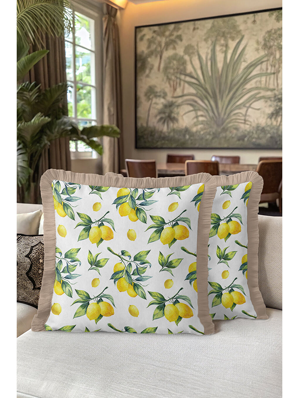 Karışık Limon Bahçesi Saçaklı Yastık Kılıfı - Akdeniz Vintage Rustik Yeşil Sarı Püsküllü Kırlent Kılıfı-5