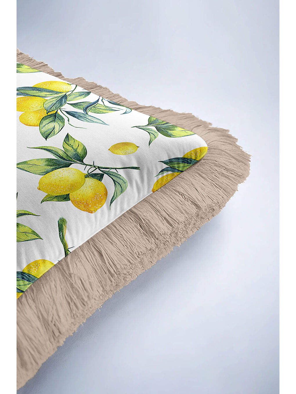 Karışık Limon Bahçesi Saçaklı Yastık Kılıfı - Akdeniz Vintage Rustik Yeşil Sarı Püsküllü Kırlent Kılıfı-6