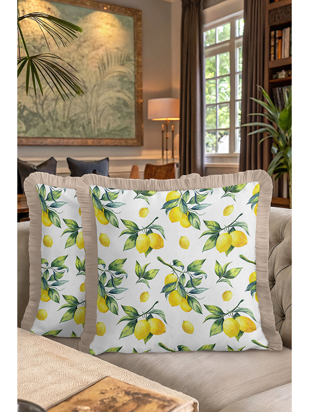 Karışık Limon Bahçesi Saçaklı Yastık Kılıfı - Akdeniz Vintage Rustik Yeşil Sarı Püsküllü Kırlent Kılıfı-7