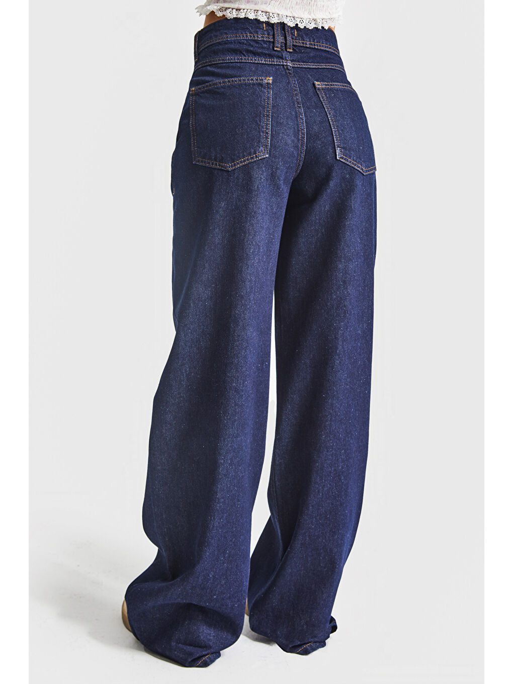 Kadın İndigo Renk 7w5-50 Kemer Detaylı Wide Leg Fit %100 Pamuk Denim Jean-1