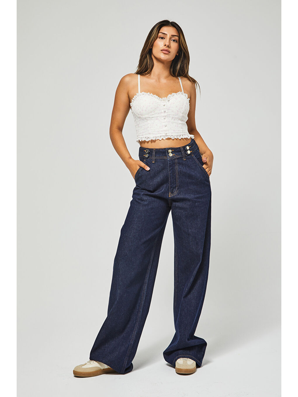 Kadın İndigo Renk 7w5-50 Kemer Detaylı Wide Leg Fit %100 Pamuk Denim Jean-2