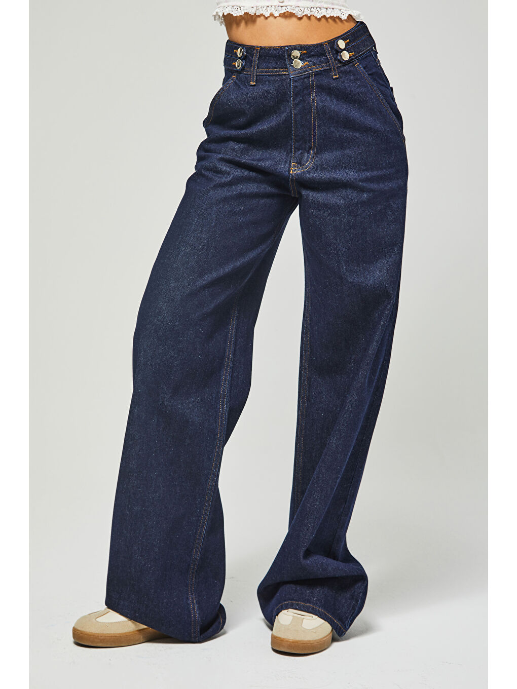 Kadın İndigo Renk 7w5-50 Kemer Detaylı Wide Leg Fit %100 Pamuk Denim Jean-3