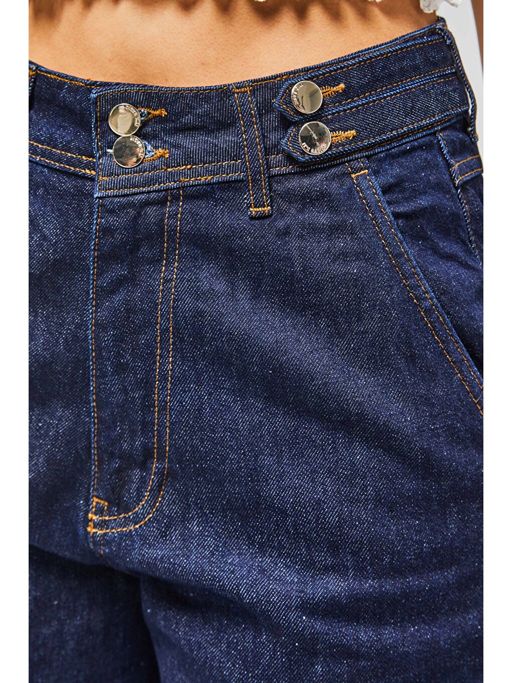 Kadın İndigo Renk 7w5-50 Kemer Detaylı Wide Leg Fit %100 Pamuk Denim Jean-4