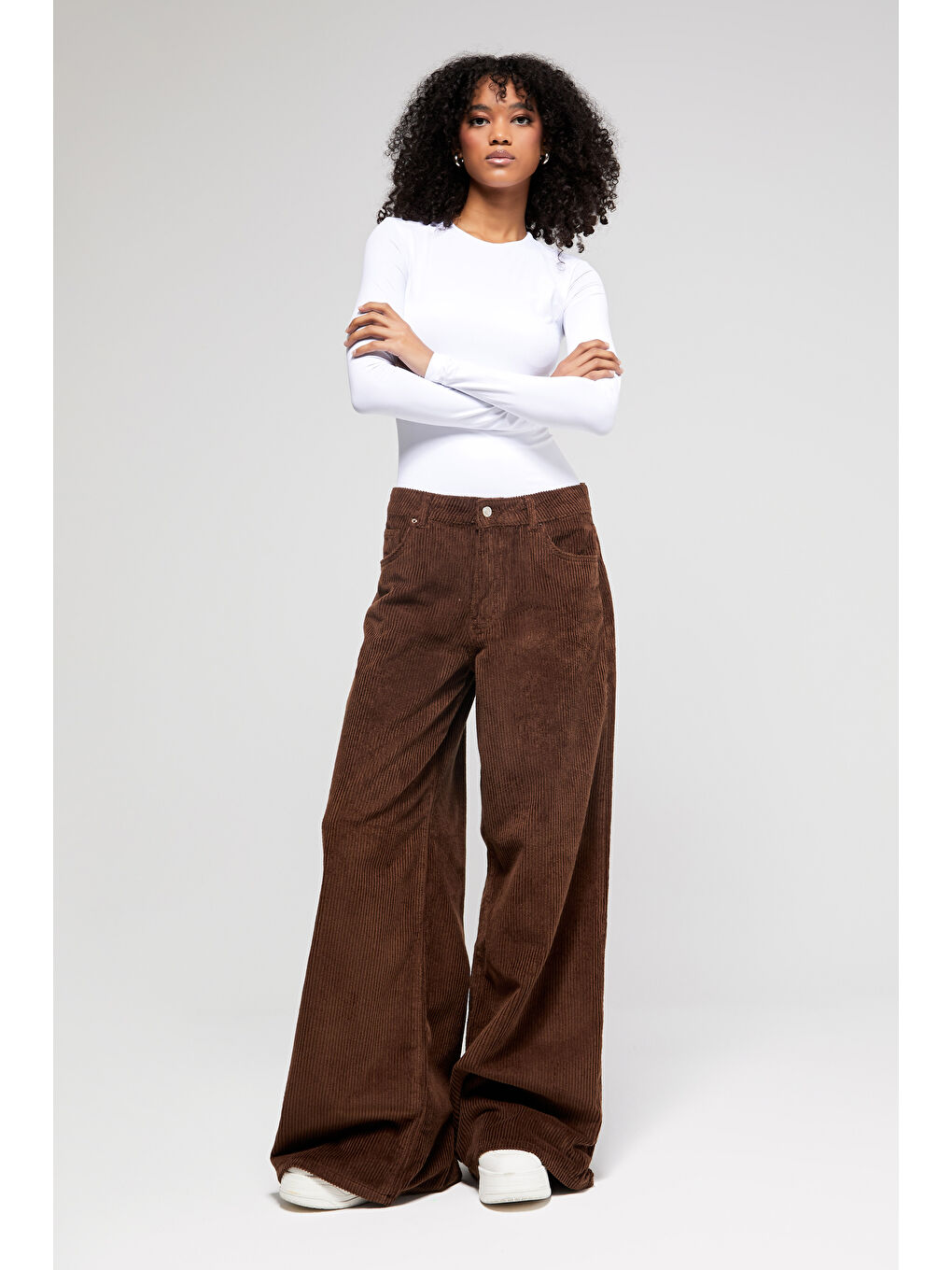 Kahverengi Kadın Taba Renk Hera Kalın Fitilli Kadife Kumaş Palazzo Fit Pantolon-2