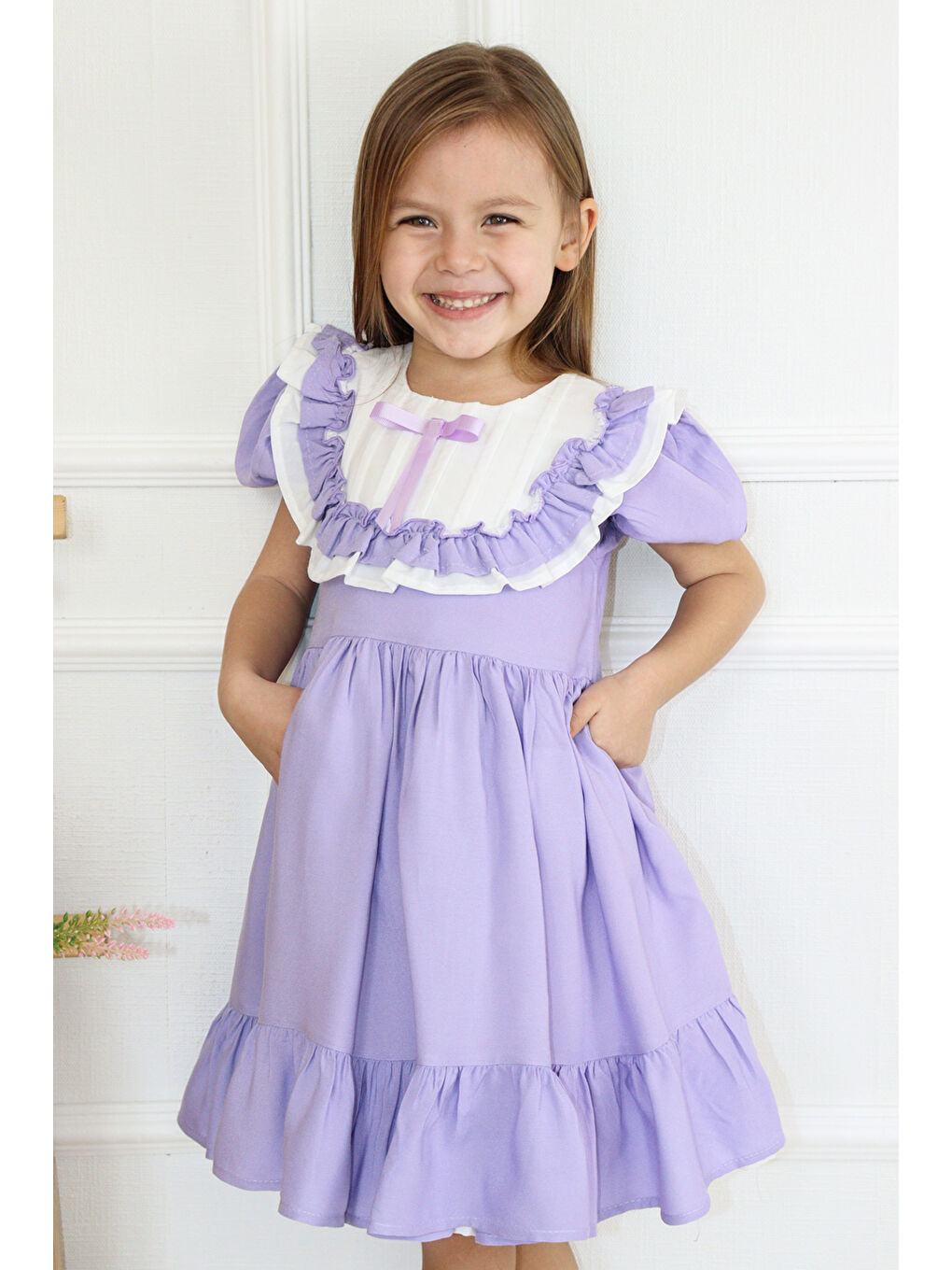 Lila Vintage Kısa Kollu Kız Çocuk Elbise - Mila