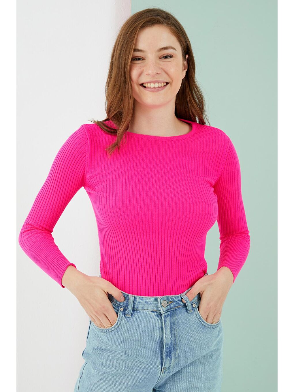 Fuşya Yuvarlak Yaka Fitilli Dar Kalıp Basic Kazak