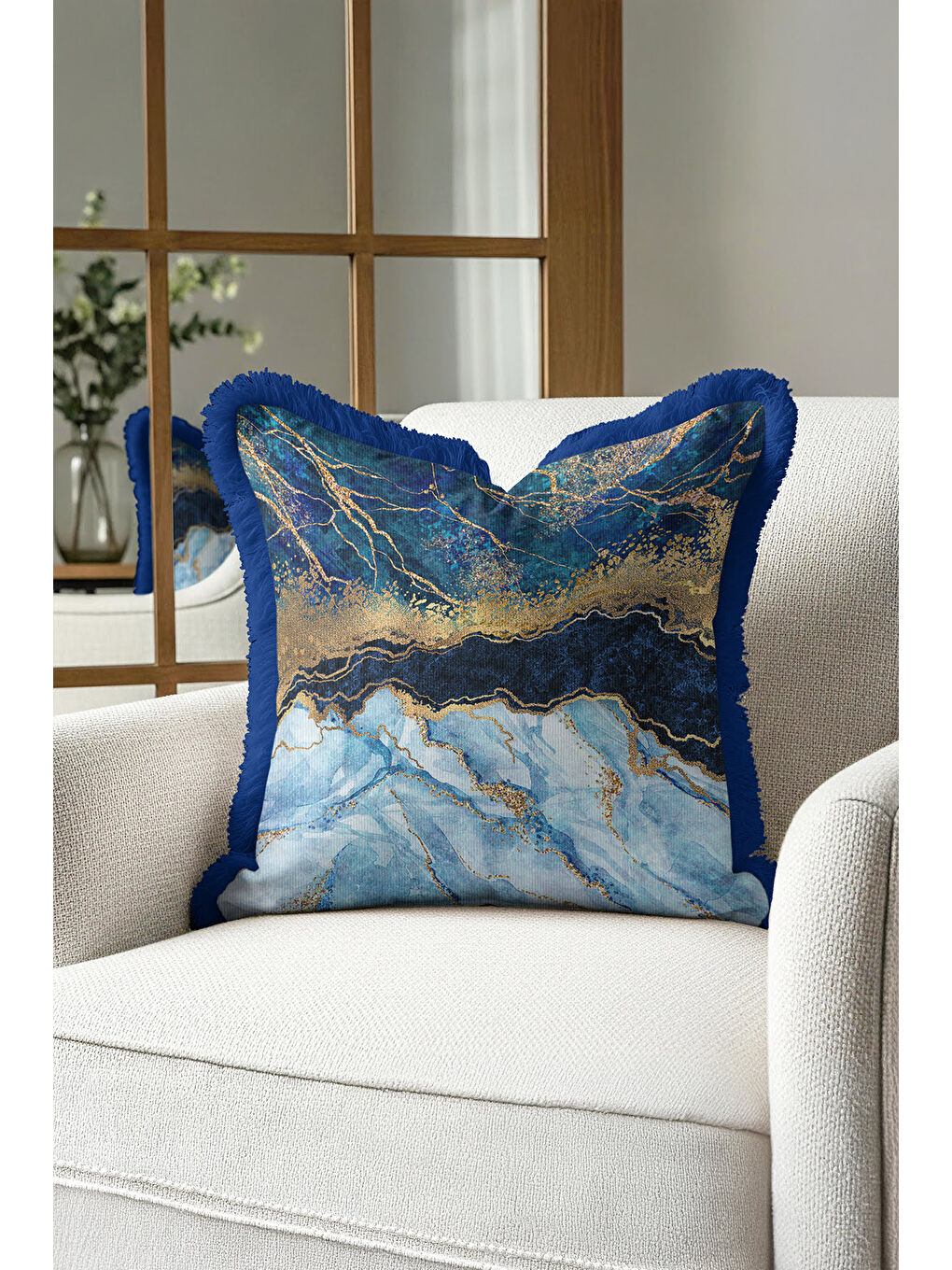Karışık Lüks Mermer Efektli Saçaklı Yastık Kılıfı - Modern Elegan Mavi Altın Renkli Püsküllü Kırlent Kılıfı-1