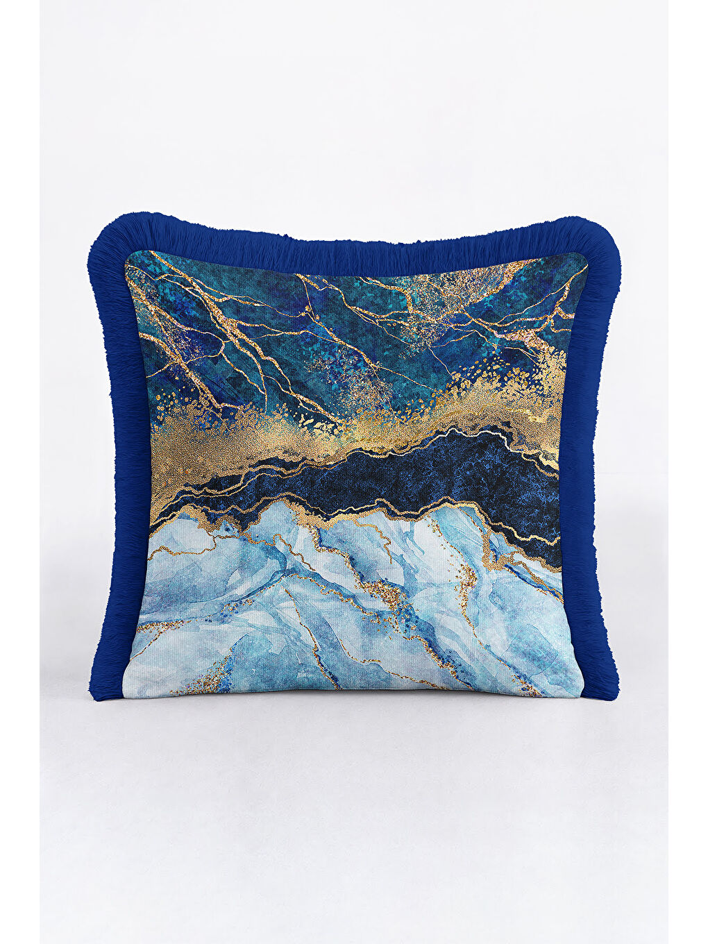 Karışık Lüks Mermer Efektli Saçaklı Yastık Kılıfı - Modern Elegan Mavi Altın Renkli Püsküllü Kırlent Kılıfı-2