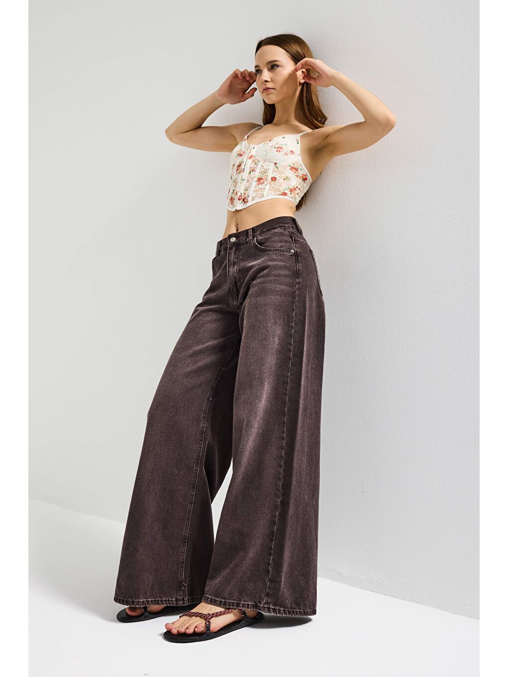 Kahverengi Kadın Taşlanmış Kahve Renk 4w5-16 Palazzo Fit %100 Pamuk İç Boy 80cm Denim Jean-1