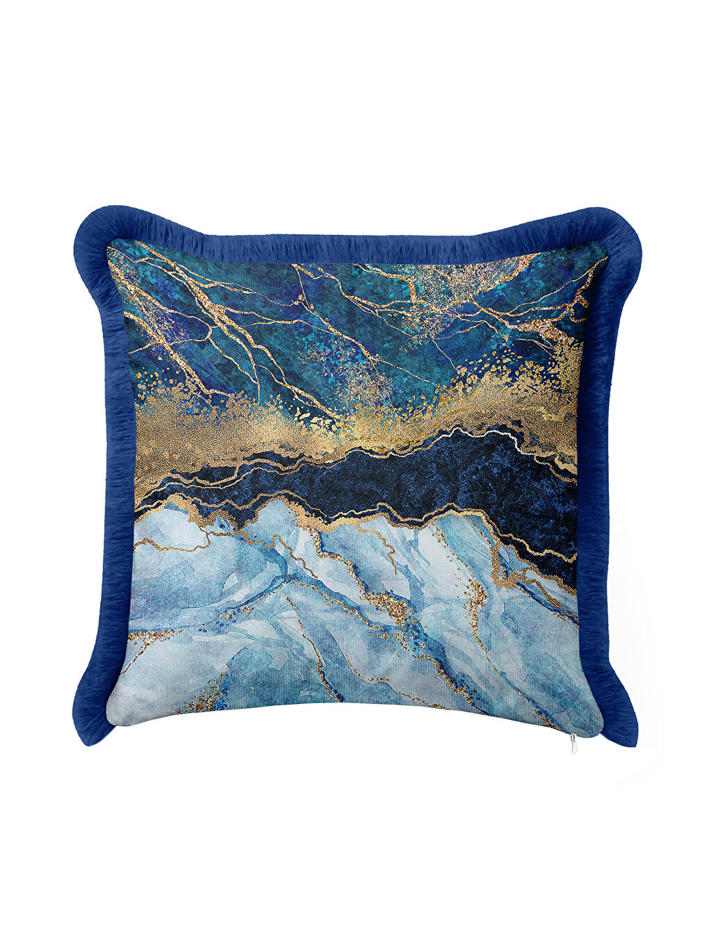 Karışık Lüks Mermer Efektli Saçaklı Yastık Kılıfı - Modern Elegan Mavi Altın Renkli Püsküllü Kırlent Kılıfı-3