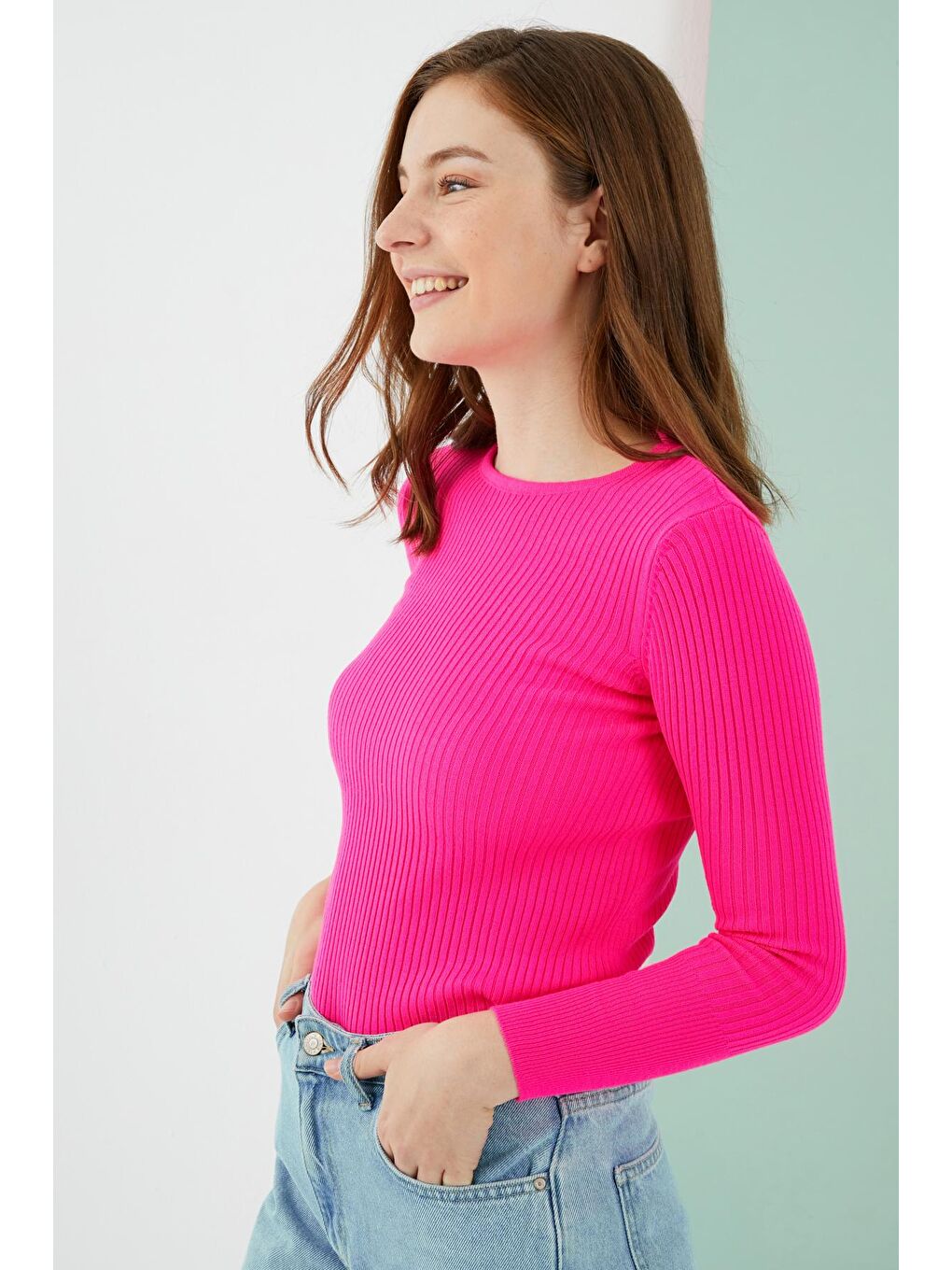 Fuşya Yuvarlak Yaka Fitilli Dar Kalıp Basic Kazak-2