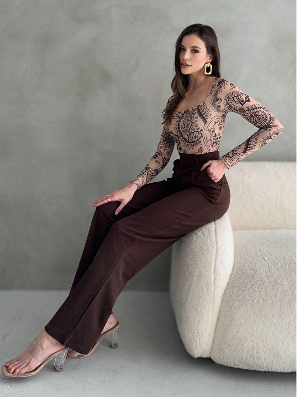 Kadın Elastanlı Cırt Kapama Kahverengi Palazzo Pantolon-1