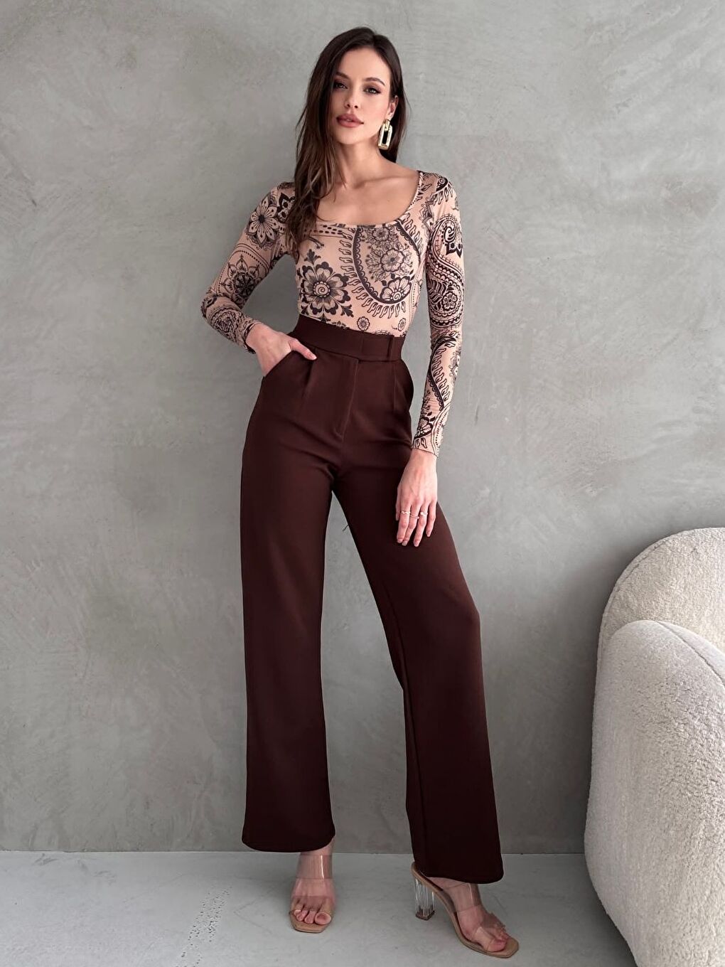 Kadın Elastanlı Cırt Kapama Kahverengi Palazzo Pantolon-2