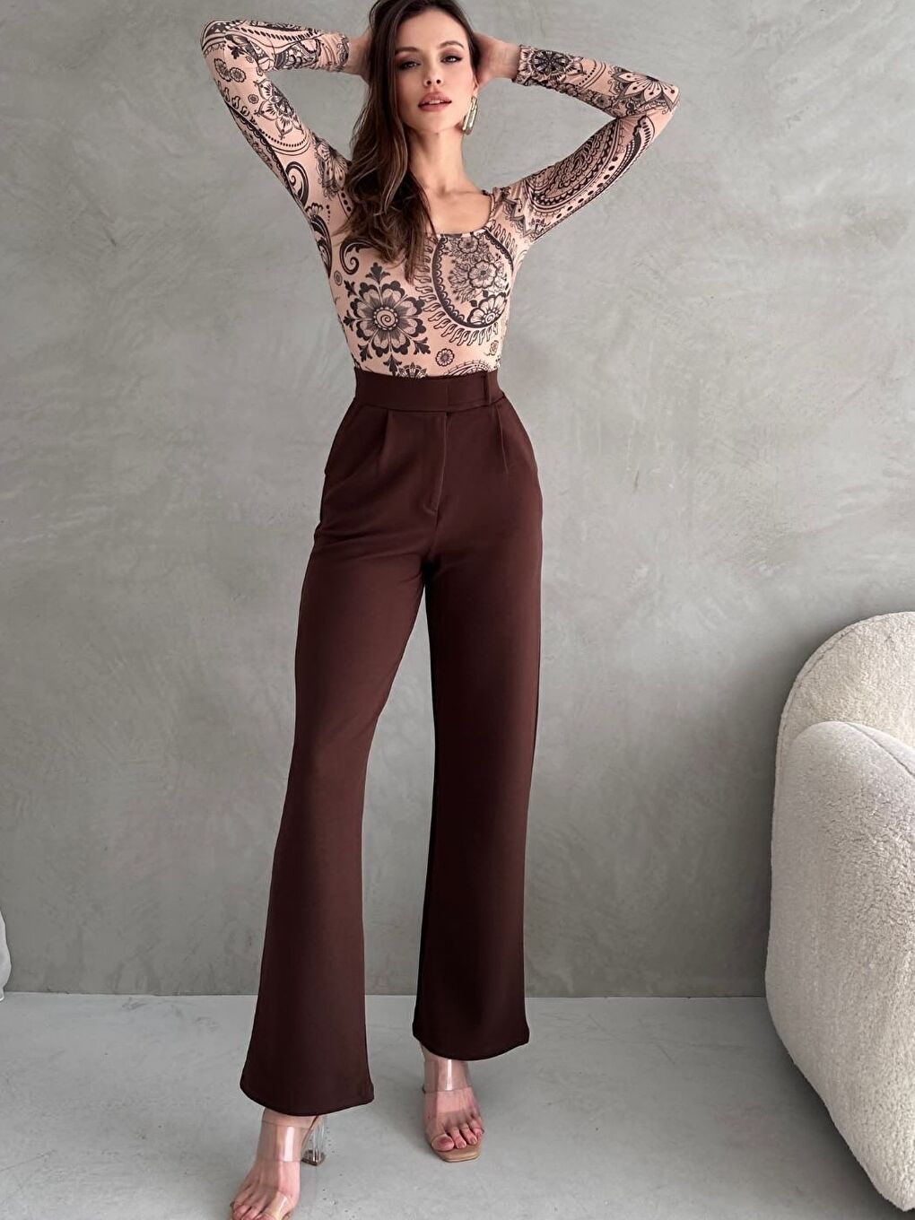 Kadın Elastanlı Cırt Kapama Kahverengi Palazzo Pantolon-3