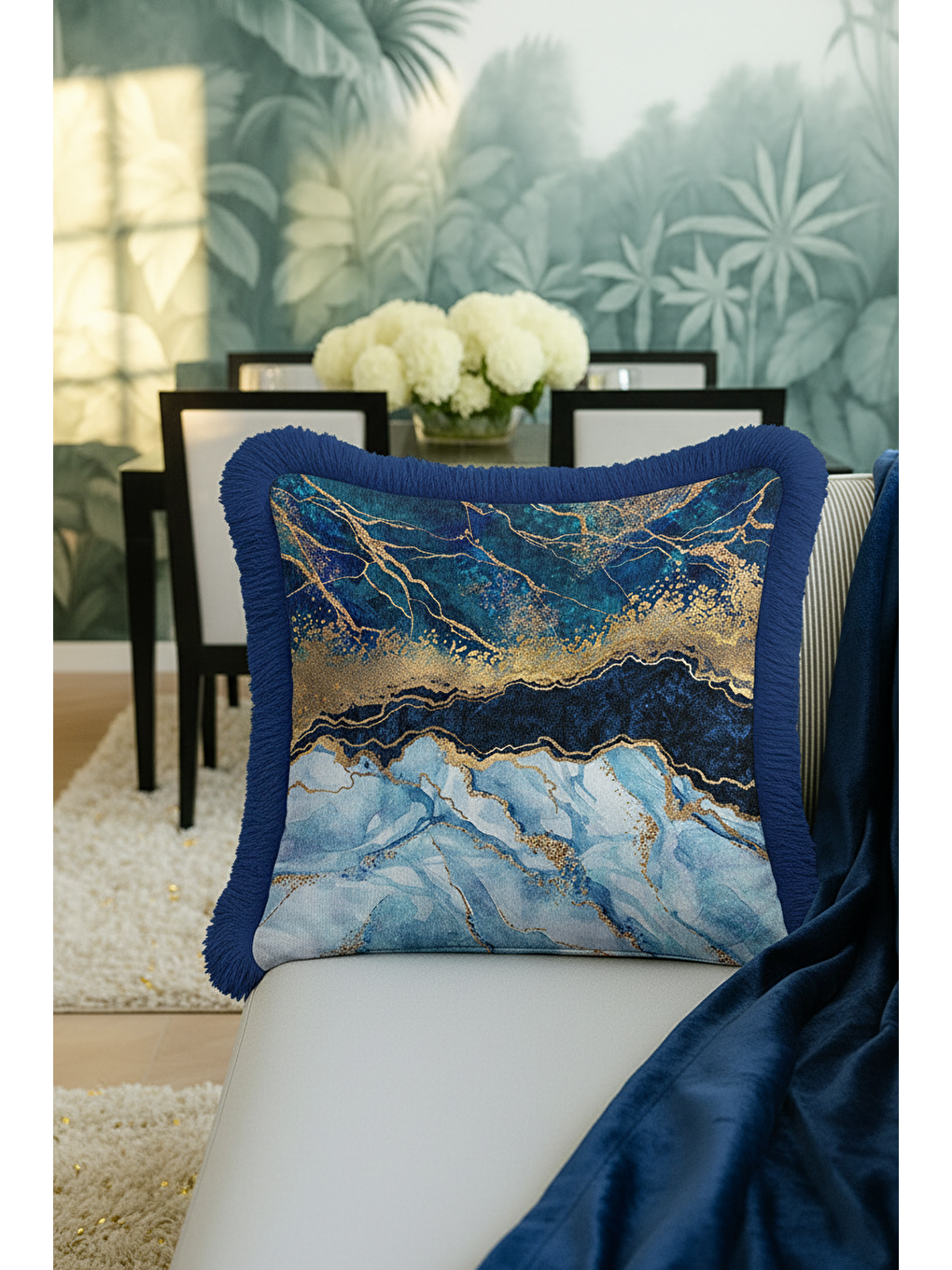 Karışık Lüks Mermer Efektli Saçaklı Yastık Kılıfı - Modern Elegan Mavi Altın Renkli Püsküllü Kırlent Kılıfı-4
