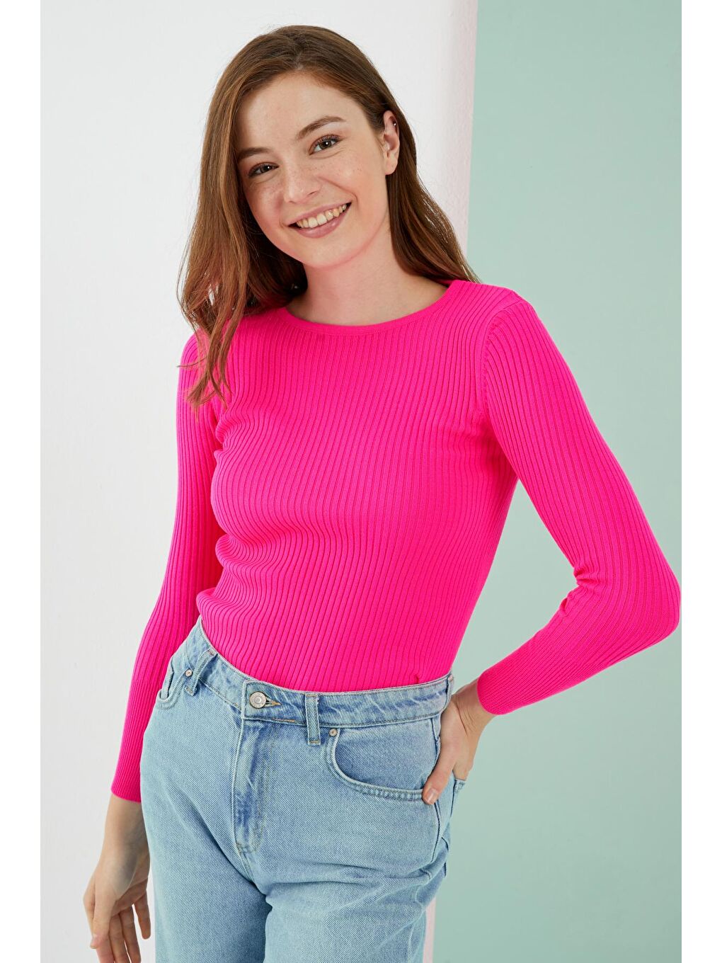 Fuşya Yuvarlak Yaka Fitilli Dar Kalıp Basic Kazak-3