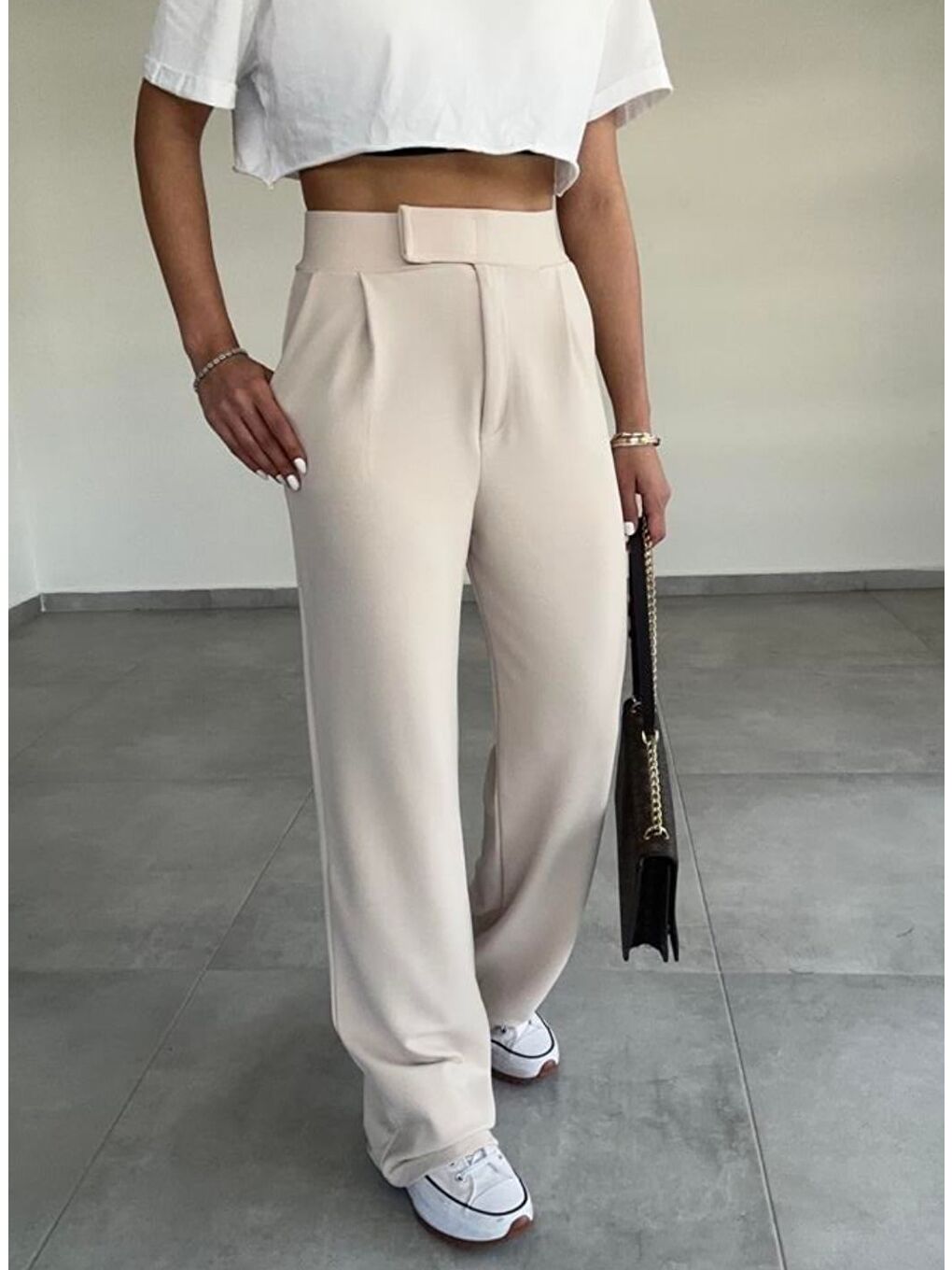 Bej Kadın Elastanlı Cırt Kapama Taş Rengi Palazzo Pantolon