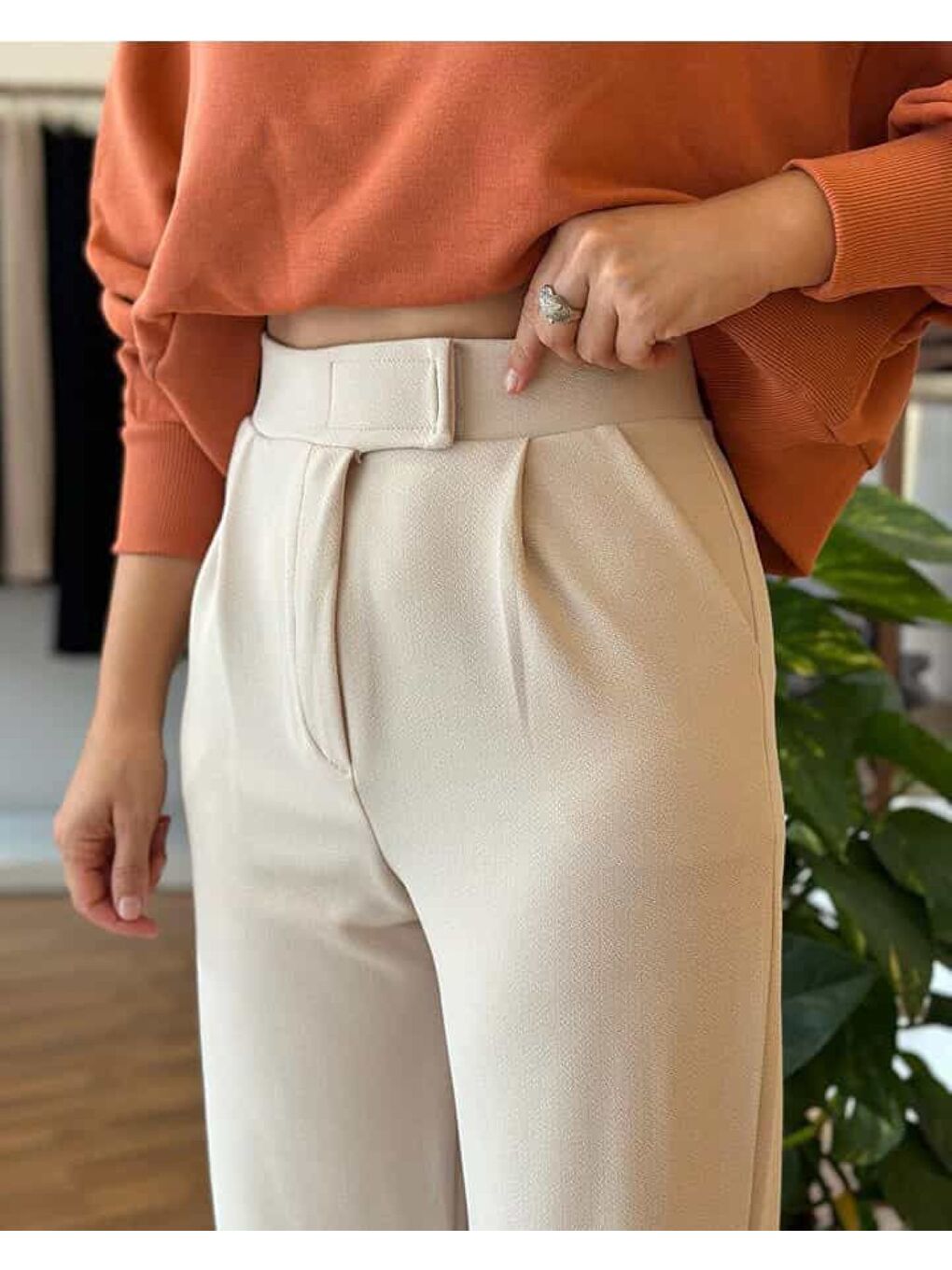 Bej Kadın Elastanlı Cırt Kapama Taş Rengi Palazzo Pantolon-1