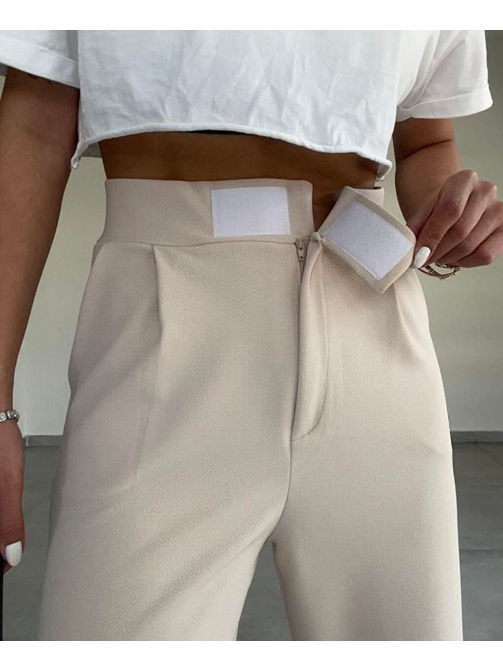 Bej Kadın Elastanlı Cırt Kapama Taş Rengi Palazzo Pantolon-2