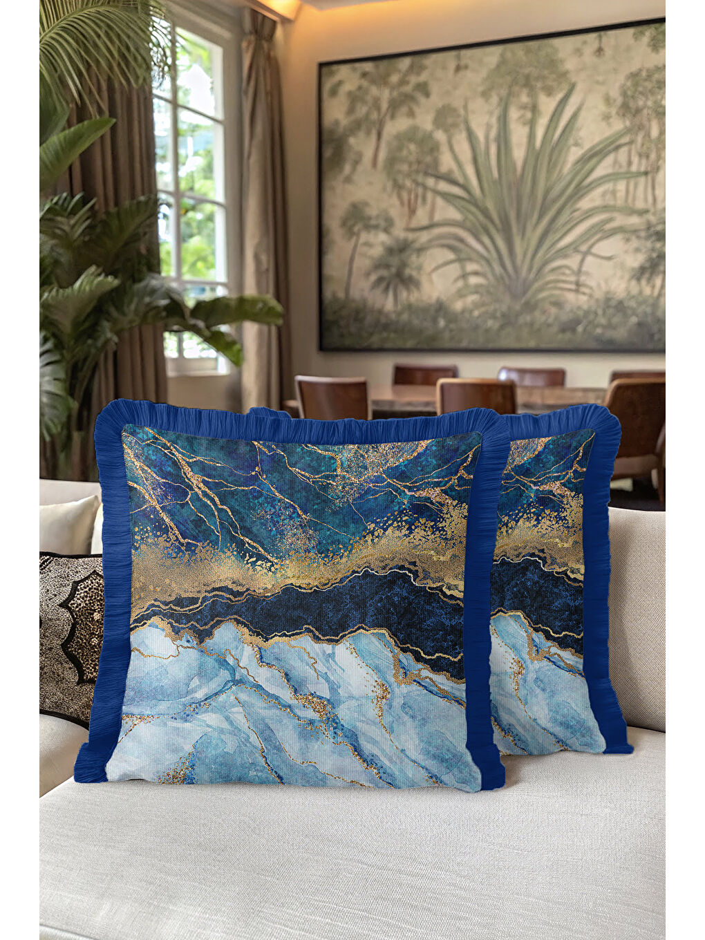 Karışık Lüks Mermer Efektli Saçaklı Yastık Kılıfı - Modern Elegan Mavi Altın Renkli Püsküllü Kırlent Kılıfı-5