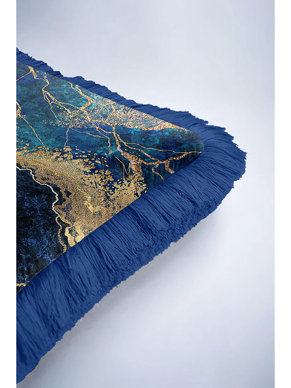 Karışık Lüks Mermer Efektli Saçaklı Yastık Kılıfı - Modern Elegan Mavi Altın Renkli Püsküllü Kırlent Kılıfı-6