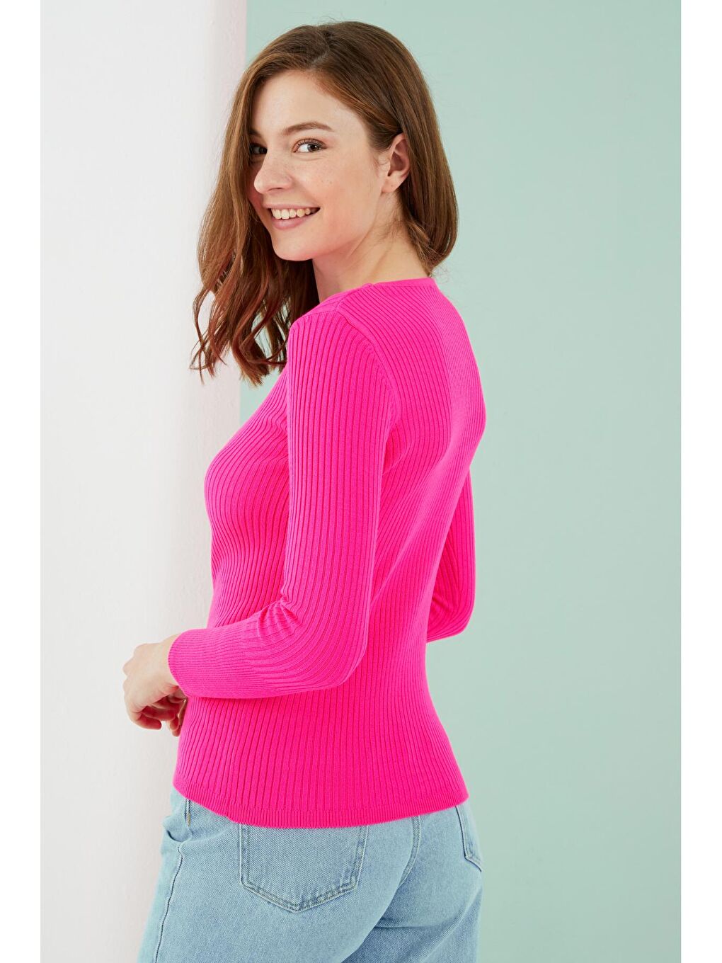 Fuşya Yuvarlak Yaka Fitilli Dar Kalıp Basic Kazak-4