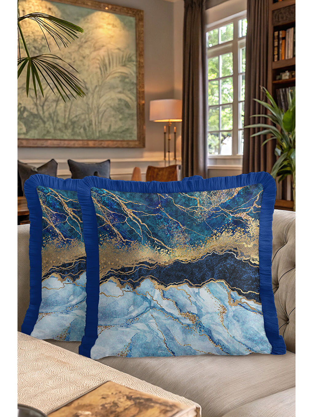 Karışık Lüks Mermer Efektli Saçaklı Yastık Kılıfı - Modern Elegan Mavi Altın Renkli Püsküllü Kırlent Kılıfı-7
