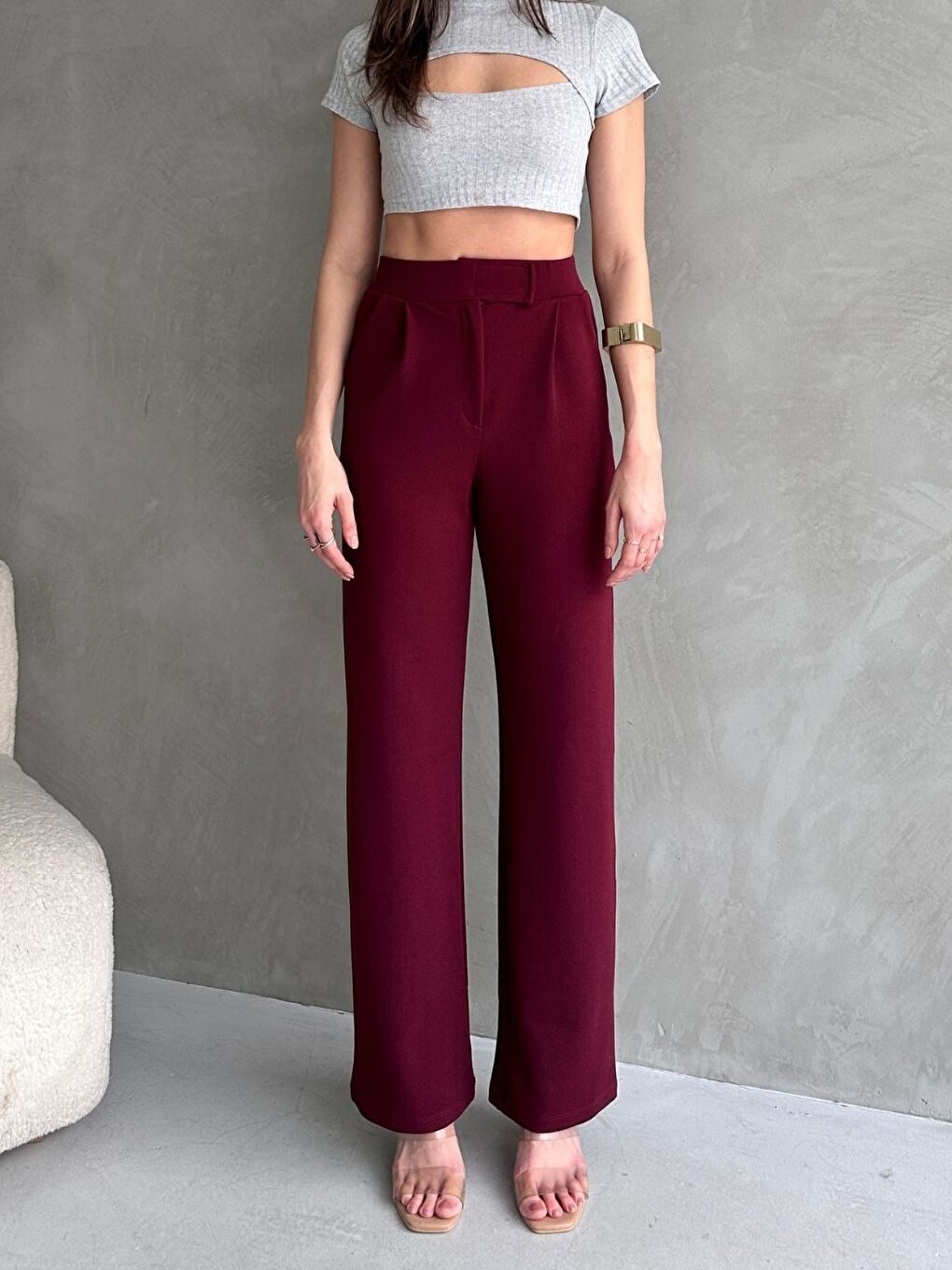 Kadın Elastanlı Cırt Kapama Bordo Palazzo Pantolon-2