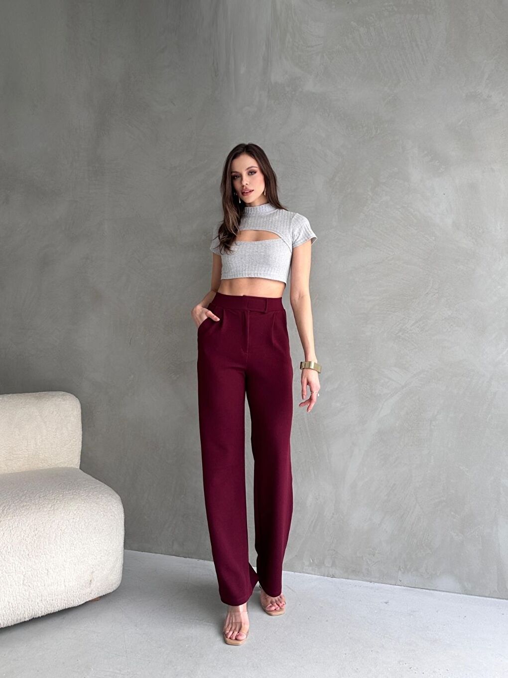 Kadın Elastanlı Cırt Kapama Bordo Palazzo Pantolon-3