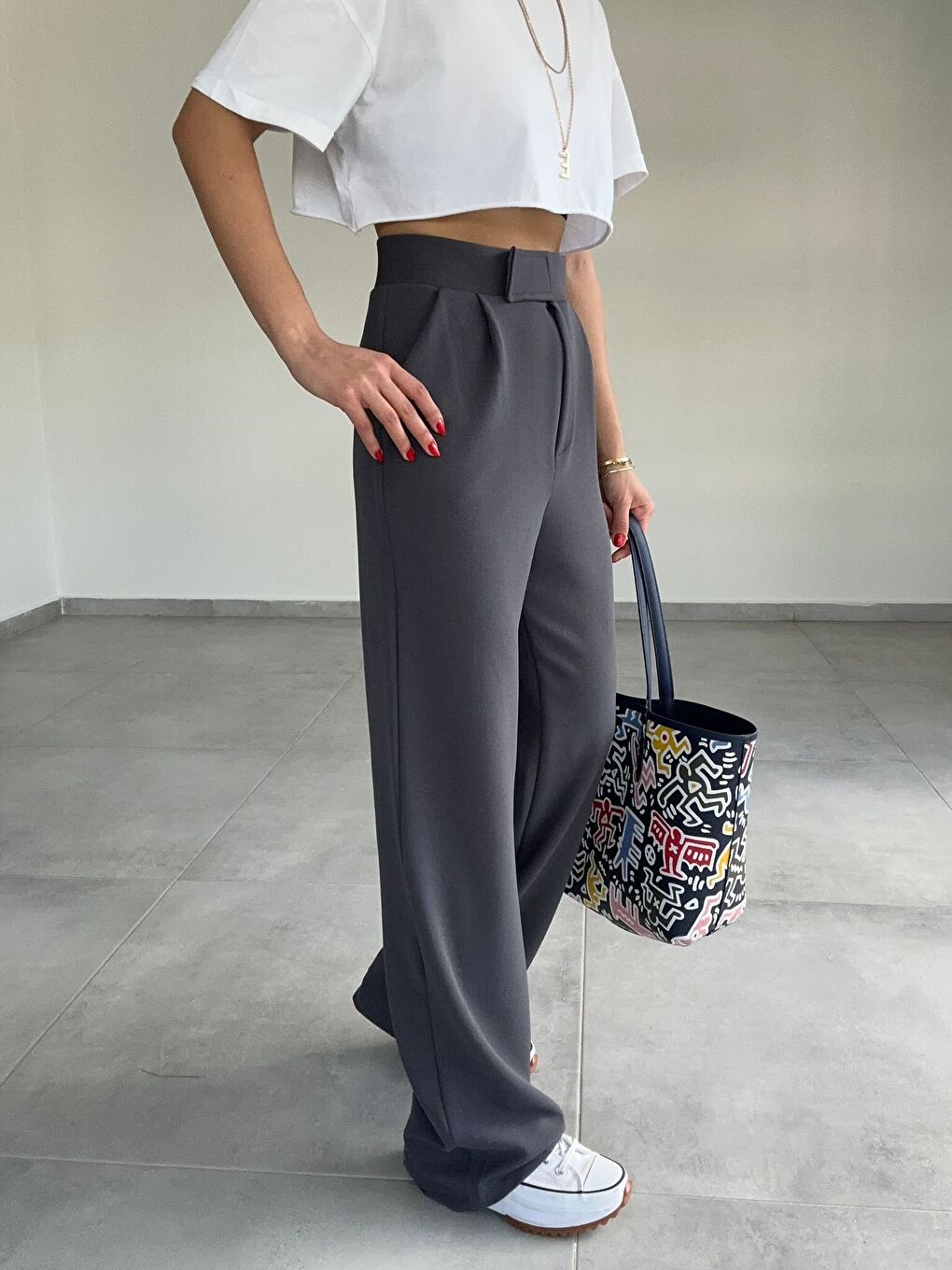 Gri Kadın Elastanlı Cırt Kapama Füme Palazzo Pantolon