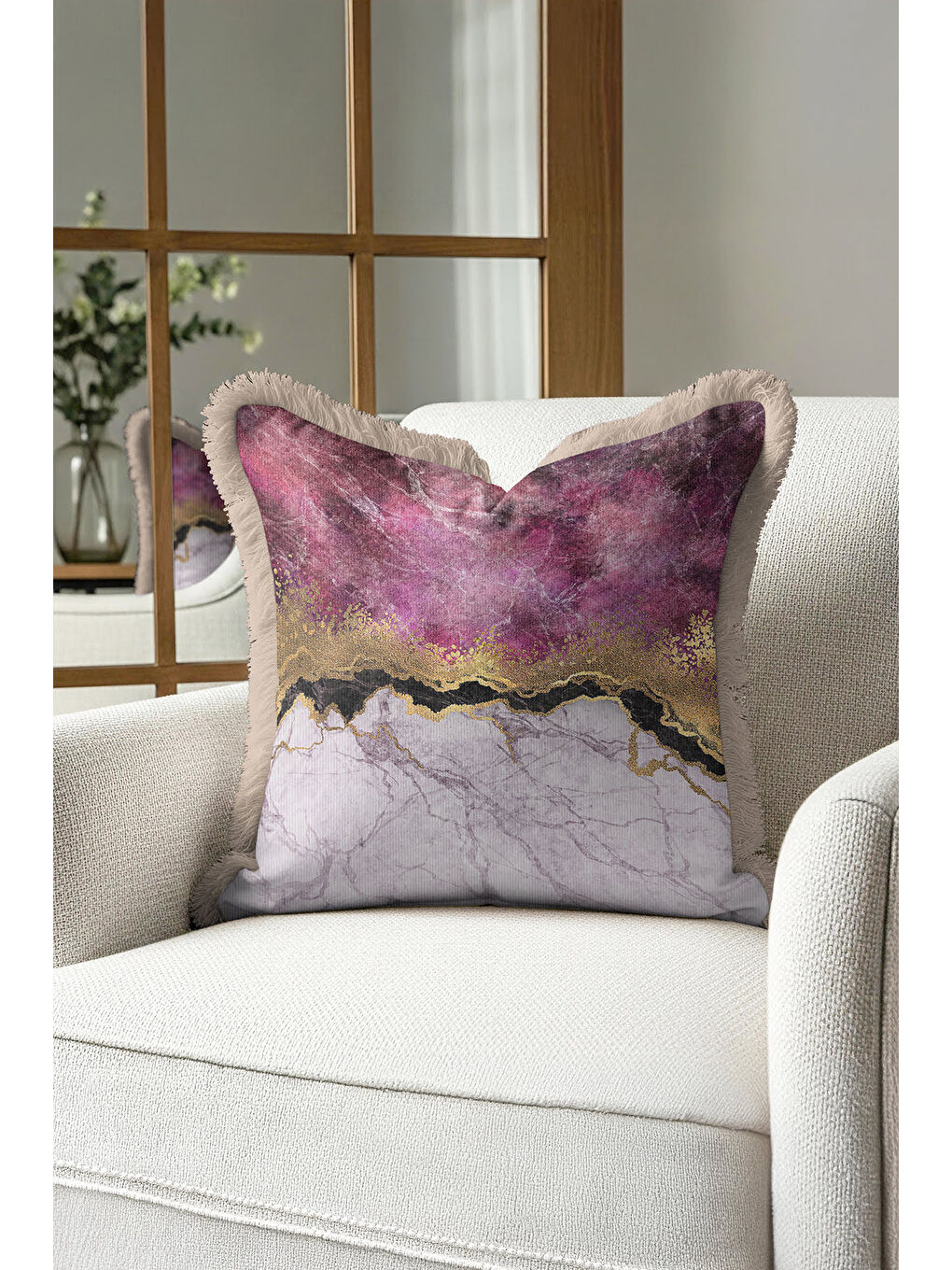 Karışık Lüks Mermer Efektli Saçaklı Yastık Kılıfı - Modern Altın Renkli Mor Püsküllü Kırlent Kılıfı