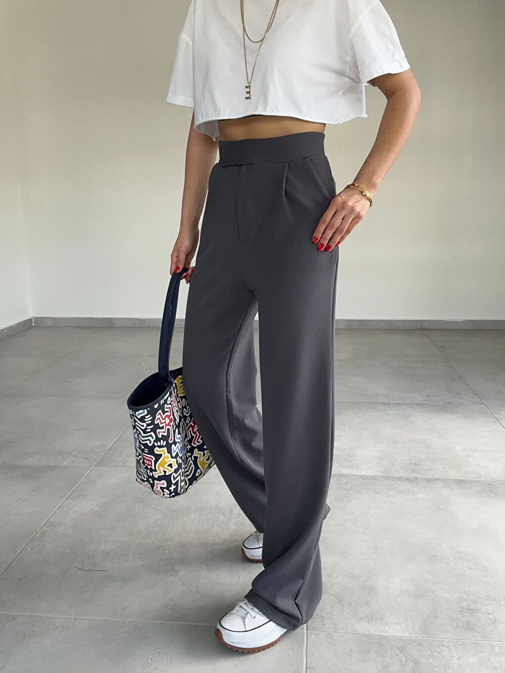 Gri Kadın Elastanlı Cırt Kapama Füme Palazzo Pantolon-1