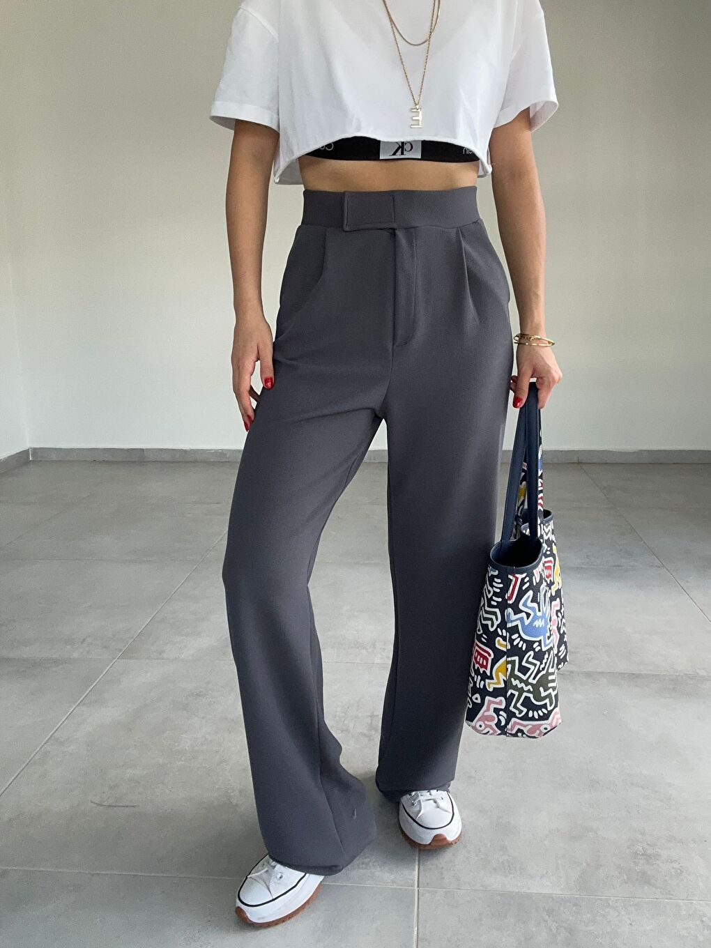 Gri Kadın Elastanlı Cırt Kapama Füme Palazzo Pantolon-2