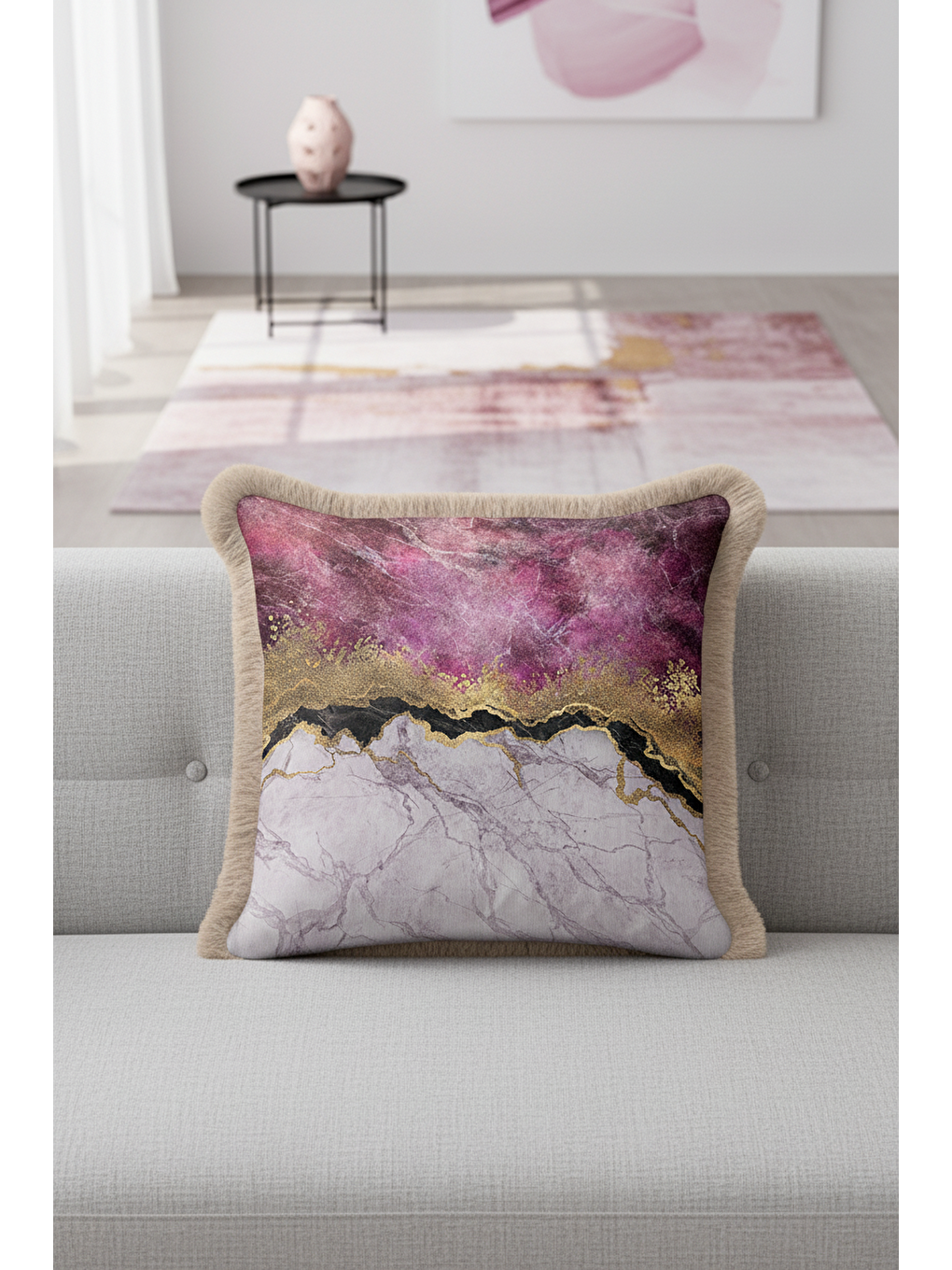 Karışık Lüks Mermer Efektli Saçaklı Yastık Kılıfı - Modern Altın Renkli Mor Püsküllü Kırlent Kılıfı-1