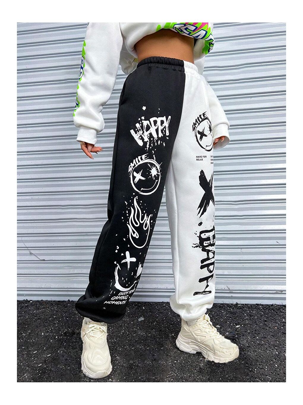 Beyaz Coolane Yazılı Grafik Baskı Beli Lastikli Eşofman Altı Happy Black