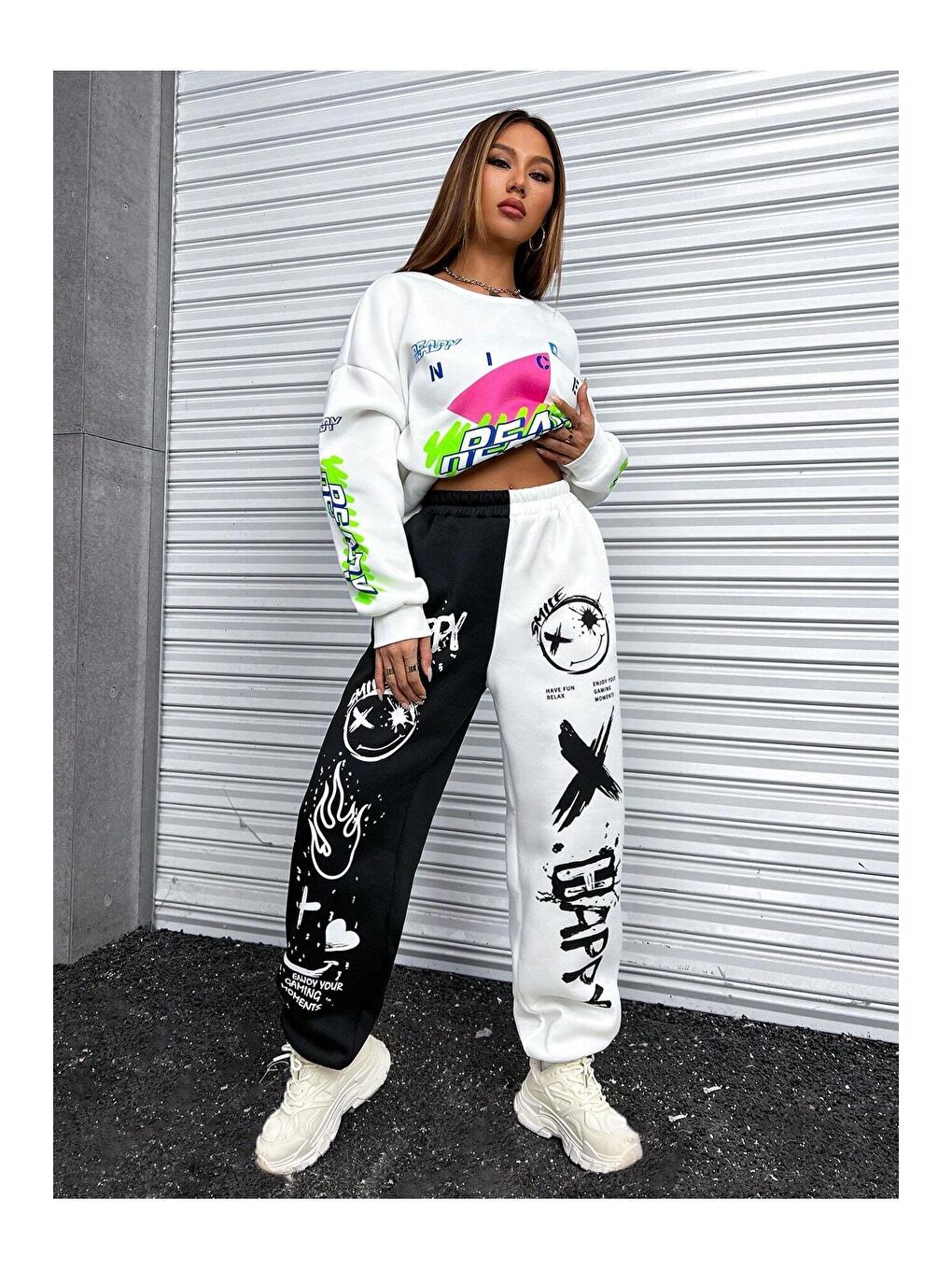 Beyaz Coolane Yazılı Grafik Baskı Beli Lastikli Eşofman Altı Happy Black-2