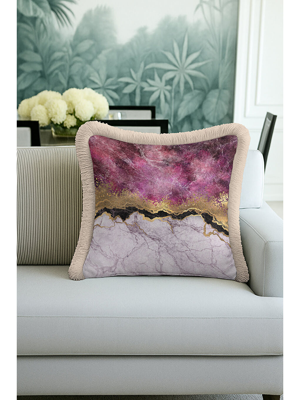 Karışık Lüks Mermer Efektli Saçaklı Yastık Kılıfı - Modern Altın Renkli Mor Püsküllü Kırlent Kılıfı-2