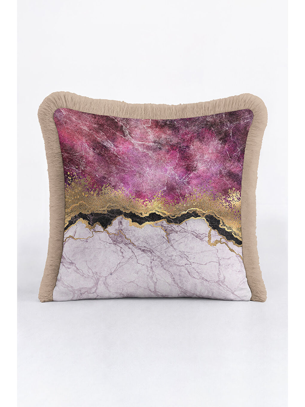 Karışık Lüks Mermer Efektli Saçaklı Yastık Kılıfı - Modern Altın Renkli Mor Püsküllü Kırlent Kılıfı-3